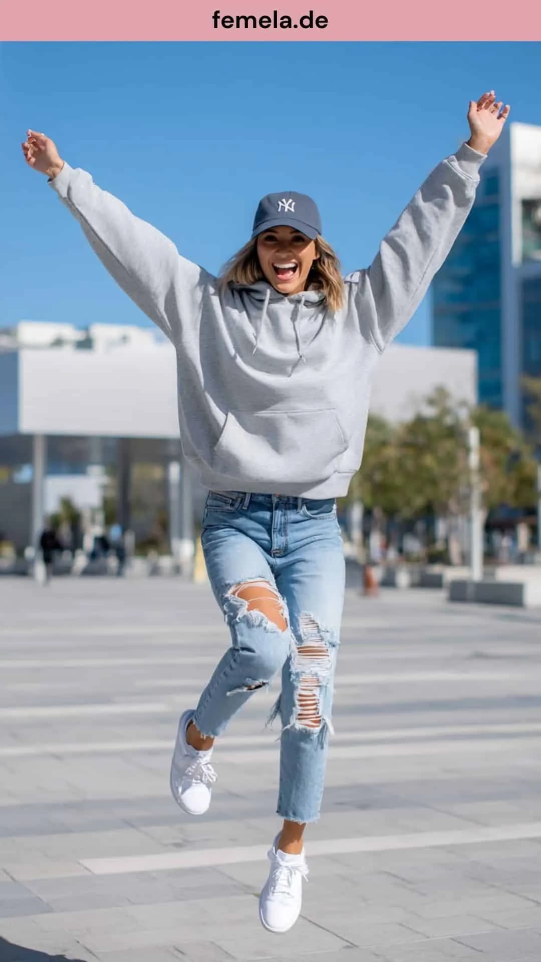 sportlich-look-zerrissene-jeans-hoodie