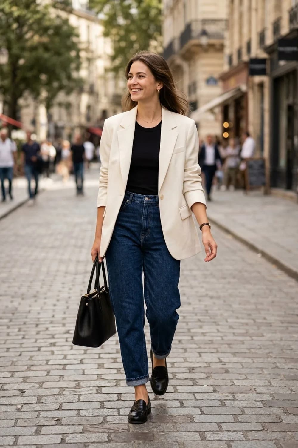 Lässiger Büro-Look: Weißer Oversize-Blazer, schwarzes Tank-Top und Loafer – Barrel Jeans: 9 Styling-Ideen für den Denim-Schnitt, den gerade alle tragen