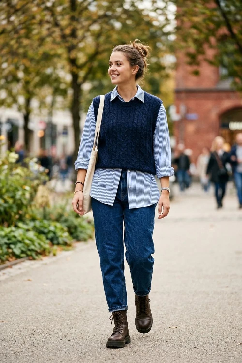 Moderner Layering-Look: Gestreiftes Hemd, blauer Pullunder und derbe Boots – Barrel Jeans: 9 Styling-Ideen für den Denim-Schnitt, den gerade alle tragen
