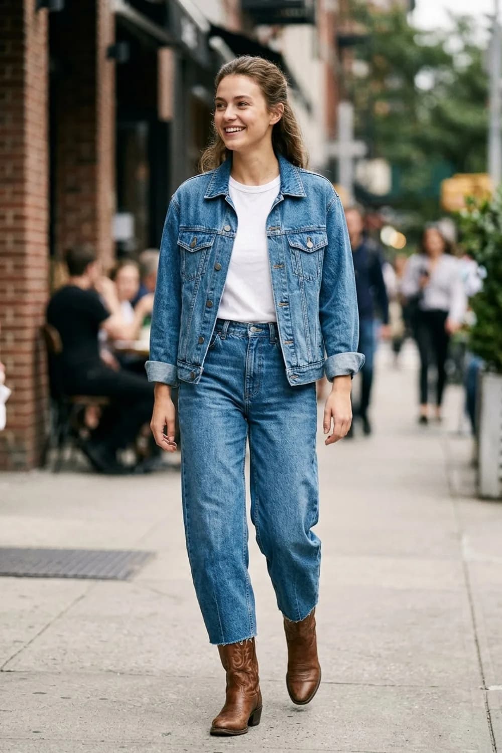 Monochromer Denim-Look: Passende Jeansjacke, weißes T-Shirt und Cowboy-Stiefel – Barrel Jeans: 9 Styling-Ideen für den Denim-Schnitt, den gerade alle tragen