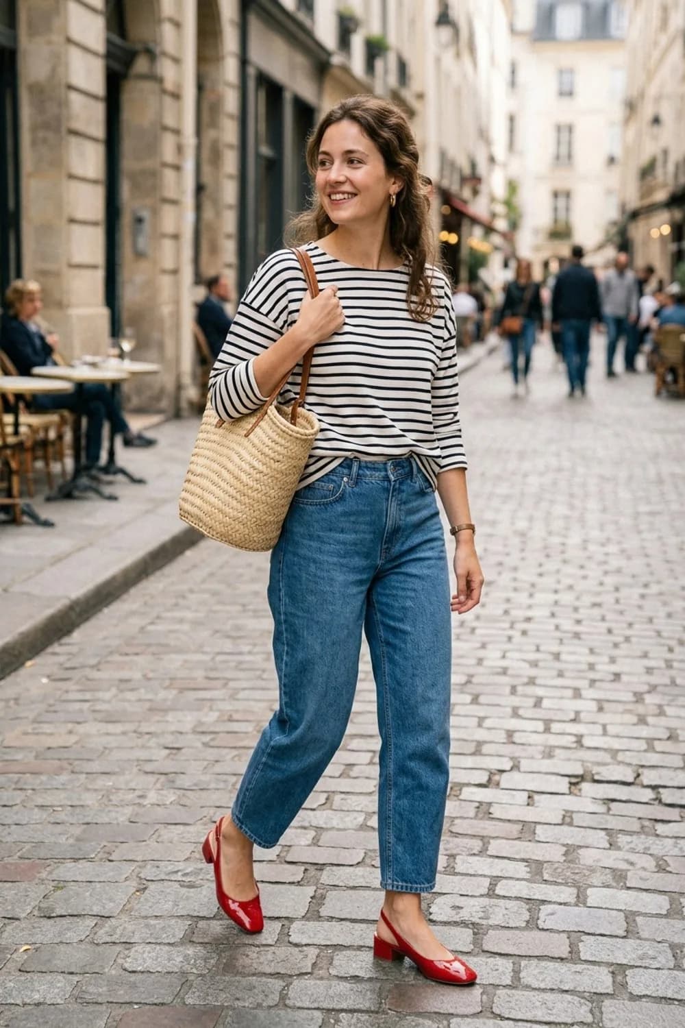 Pariser Chic: Gestreiftes Langarmshirt, rote Slingbacks und Korbtasche – Barrel Jeans: 9 Styling-Ideen für den Denim-Schnitt, den gerade alle tragen