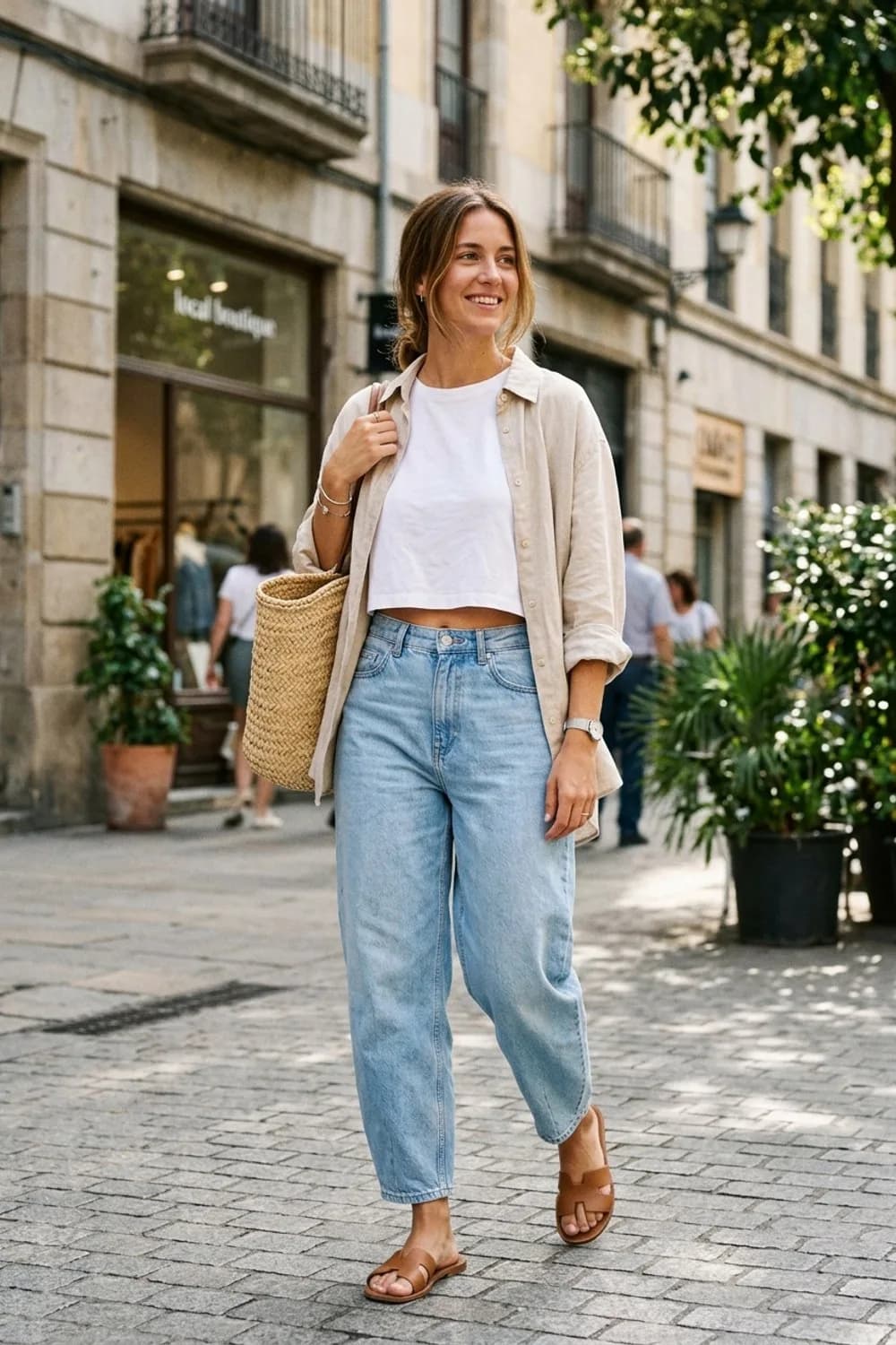 Sommerlicher Alltagslook: Weißes Crop-Top, offenes Leinenhemd und flache Sandalen – Barrel Jeans: 9 Styling-Ideen für den Denim-Schnitt, den gerade alle tragen