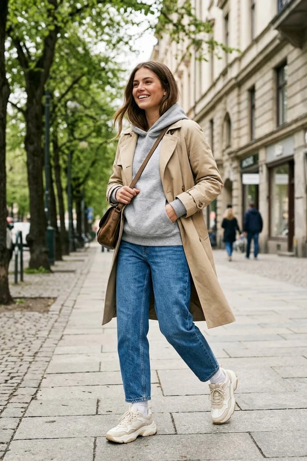 Sportlich-elegant: Grauer Hoodie, beiger Trenchcoat und klobige Sneaker – Barrel Jeans: 9 Styling-Ideen für den Denim-Schnitt, den gerade alle tragen
