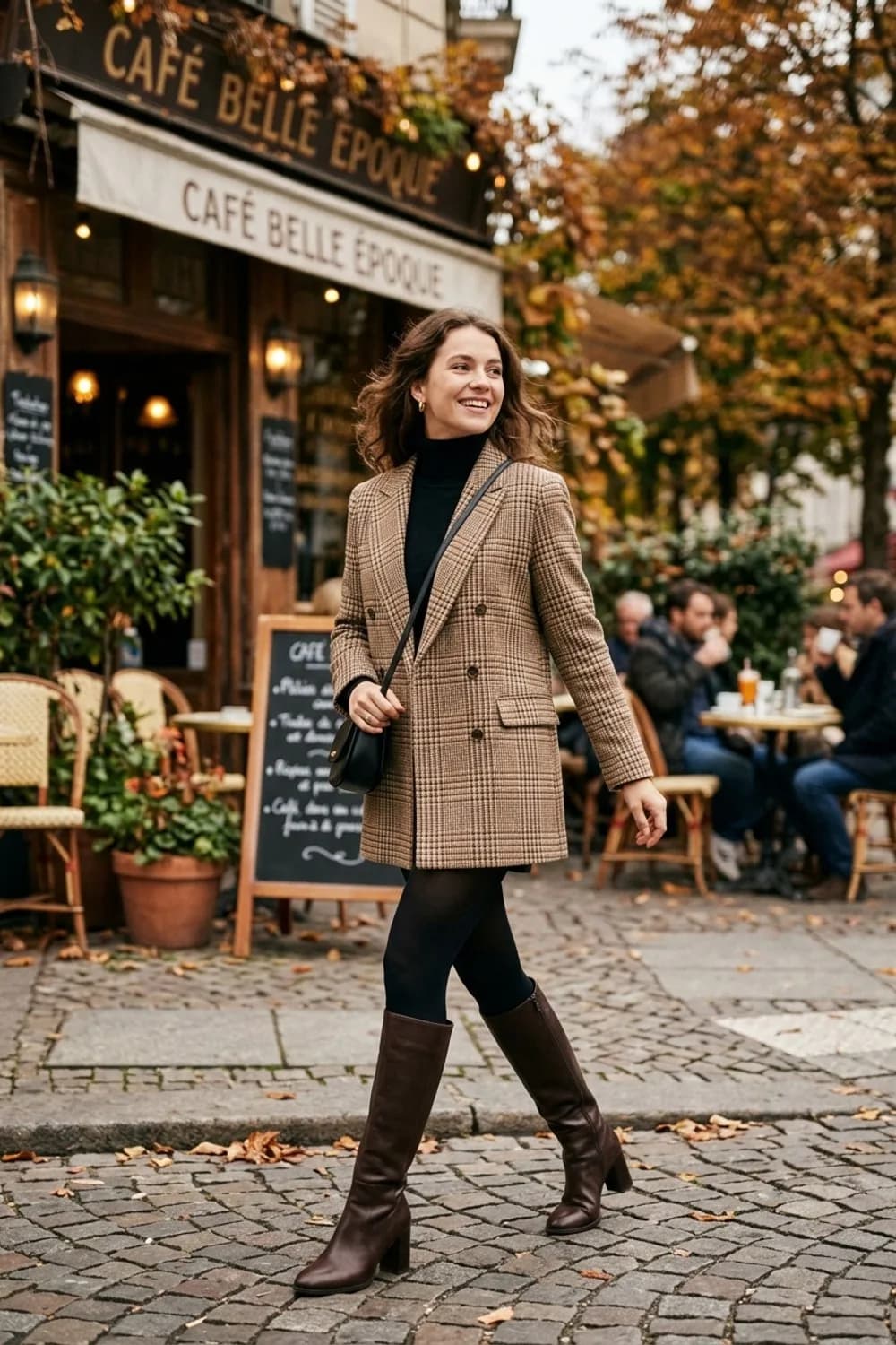 Der gemütliche Herbst-Style: Karierter Tweed-Blazer, dünner Rollkragenpullover und kniehohe Stiefel – Blazer als Kleid tragen: 9 gewagt-feminine Looks, die alle begeistern