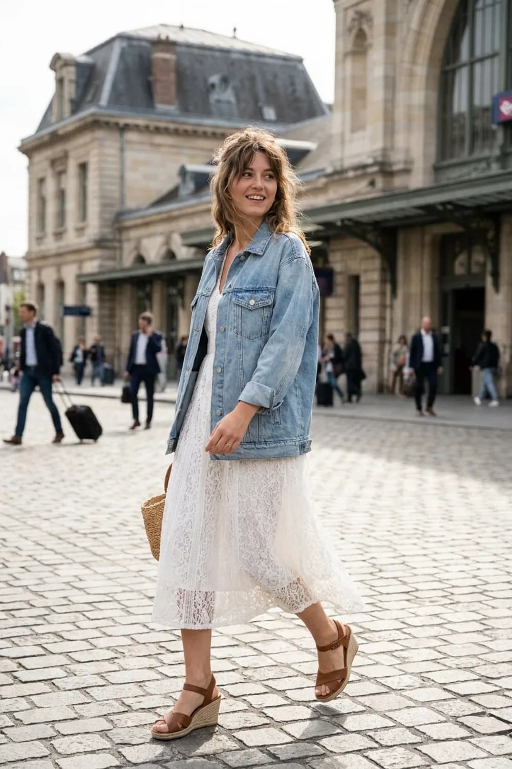 City-Abenteuer: Weißes Midi-Spitzenkleid, hellblaue Jeansjacke und braune Keilsandaletten – Boho-Kleid: 9 freie Outfits mit wildem Spirit zum Verlieben