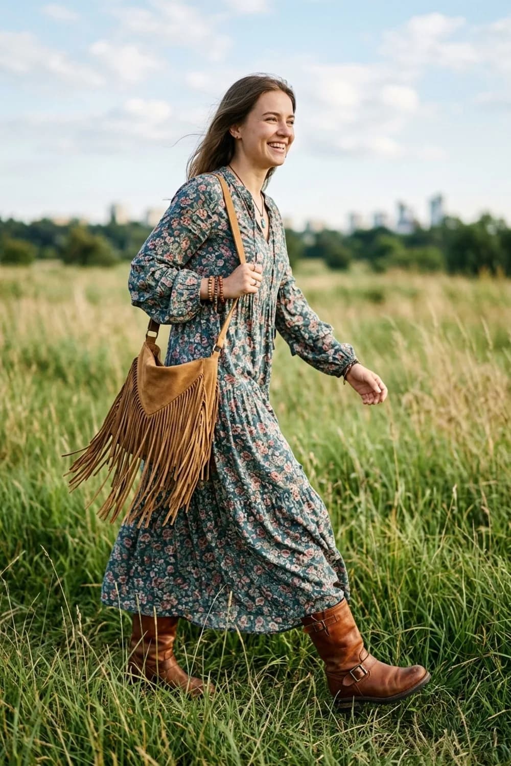 Festival-Queen: Geblümtes Maxikleid, cognacfarbene Biker-Boots und eine Fransentasche – Boho-Kleid: 9 freie Outfits mit wildem Spirit zum Verlieben