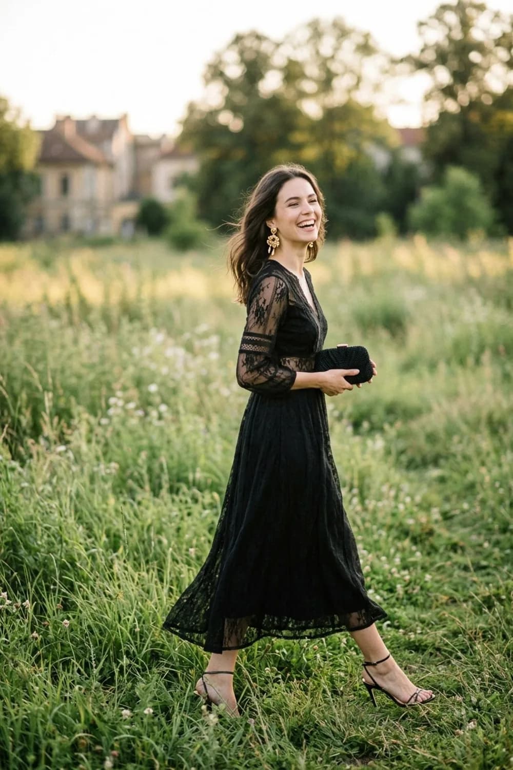 Romantisches Dinner: Schwarzes Spitzen-Boho-Kleid, goldene Statement-Ohrringe und filigrane Heels – Boho-Kleid: 9 freie Outfits mit wildem Spirit zum Verlieben