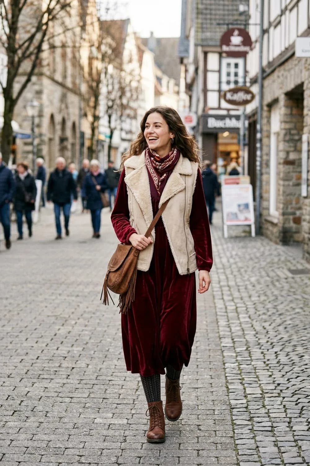 Winter-Magie: Samt-Maxikleid in Burgunderrot, Lammfell-Weste und dicke Strumpfhose – Boho-Kleid: 9 freie Outfits mit wildem Spirit zum Verlieben