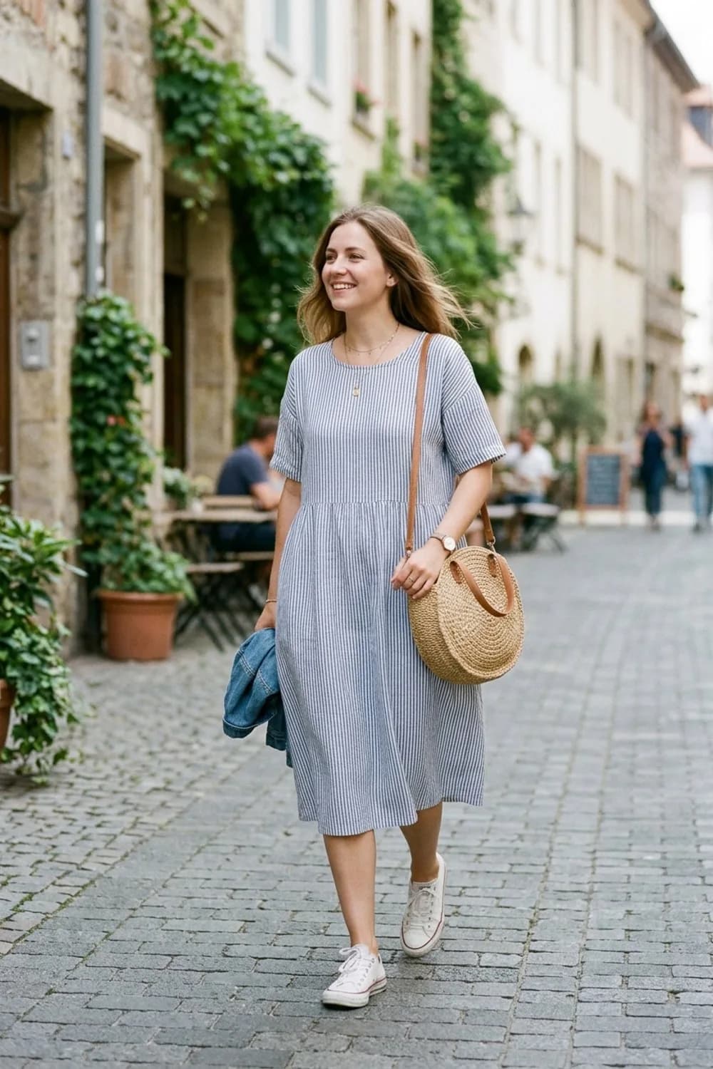 Wochenmarkt-Bummel: Gestreiftes Leinen-Kleid, weiße Sneaker und eine runde Korbtasche – Boho-Kleid: 9 freie Outfits mit wildem Spirit zum Verlieben
