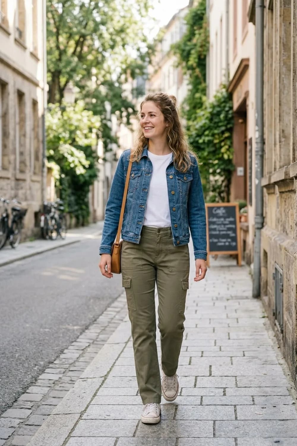 Der klassische Utility-Look: Khakifarbene Cargohose, weißes T-Shirt und Jeansjacke – Cargohose: 9 stylische Streetwear-Outfits für Frauen
