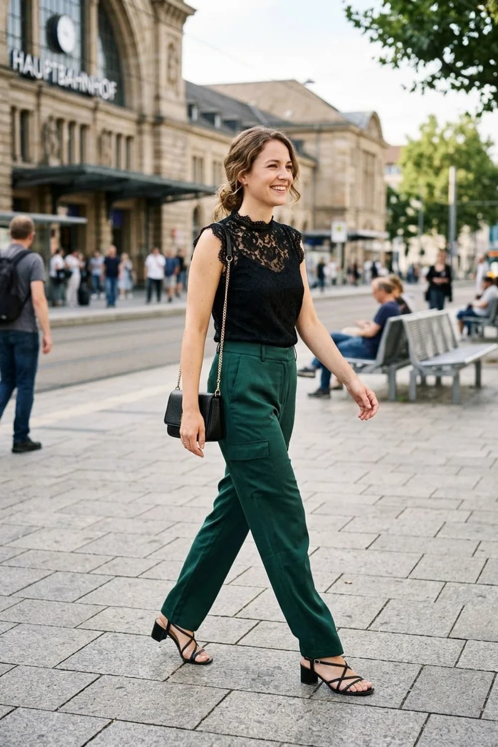 Elegant für den Abend: Dunkelgrüne Cargohose, schwarzes Spitzentop und Riemchensandaletten – Cargohose: 9 stylische Streetwear-Outfits für Frauen