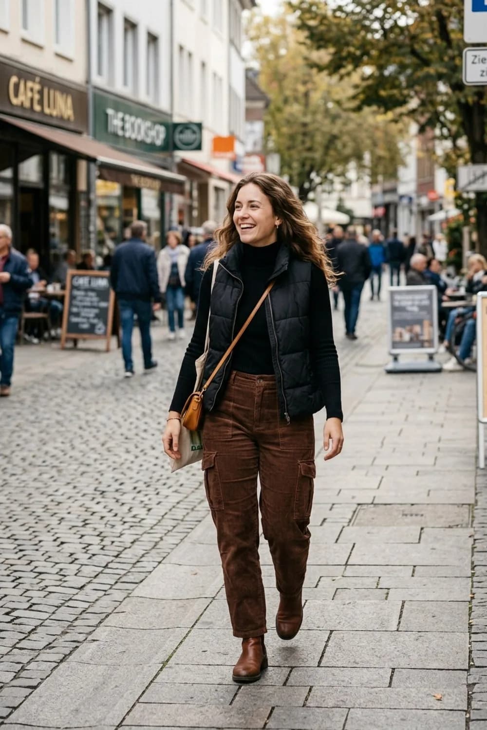 Herbstlicher Lagenlook: Cord-Cargohose in Braun, schwarzer Rollkragenpullover und Steppweste – Cargohose: 9 stylische Streetwear-Outfits für Frauen