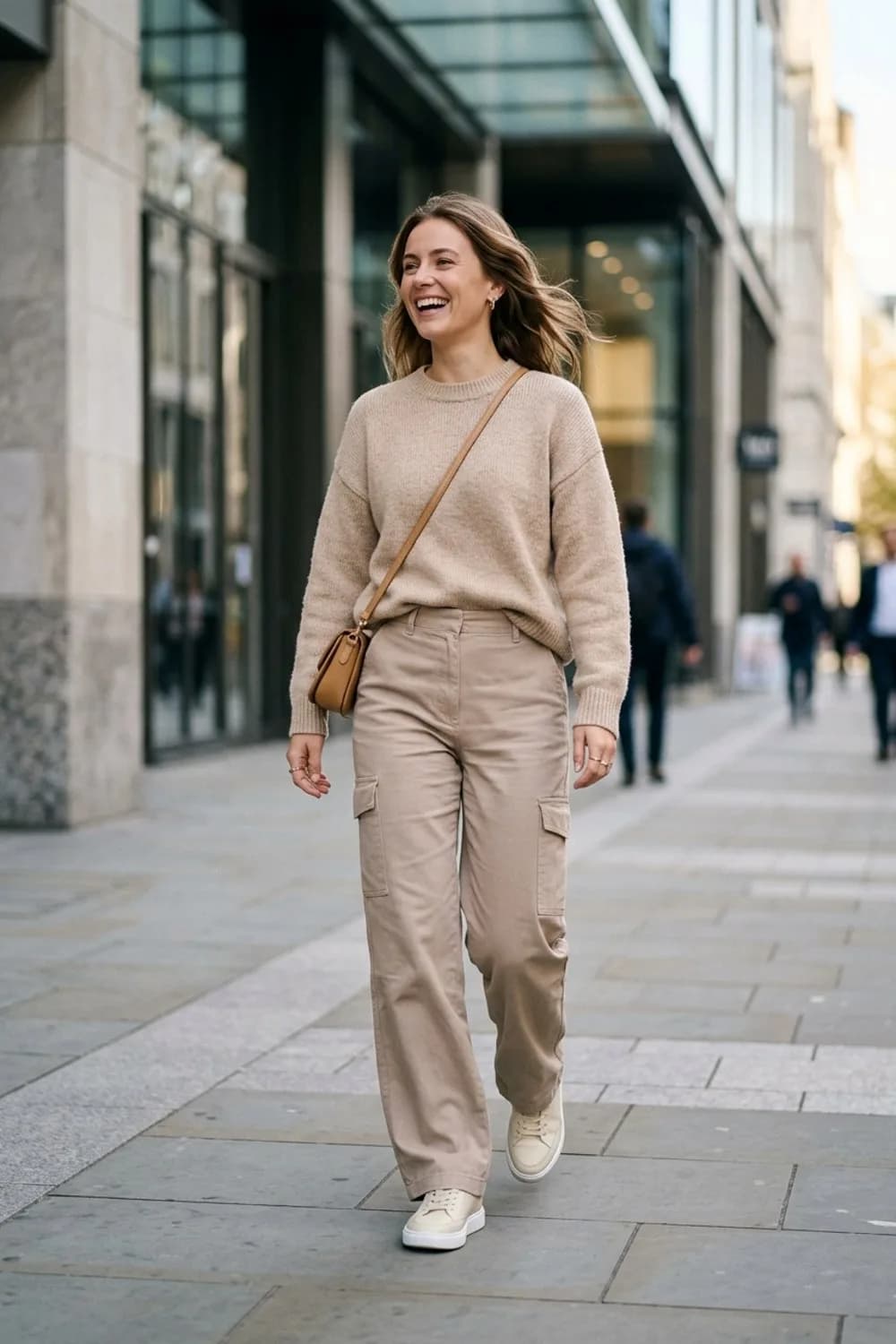 Monochrom & Modern: Beige Cargohose, beiger Strickpullover und helle Sneaker – Cargohose: 9 stylische Streetwear-Outfits für Frauen