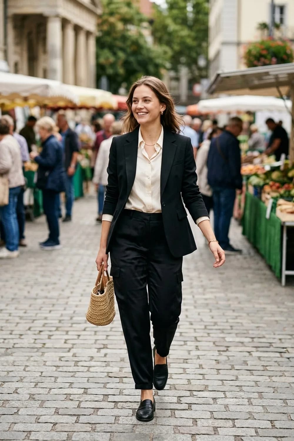 Office-Chic: Schwarze Satin-Cargohose, cremefarbene Seidenbluse und schmaler Blazer – Cargohose: 9 stylische Streetwear-Outfits für Frauen