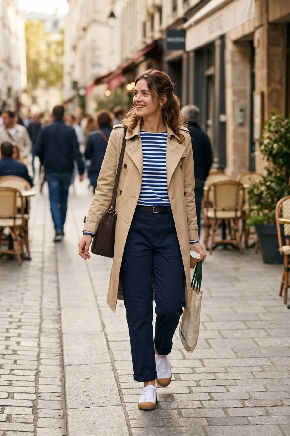 Pariser Chic: Dunkelblaue Cargohose, gestreiftes Langarmshirt und Trenchcoat – Cargohose: 9 stylische Streetwear-Outfits für Frauen