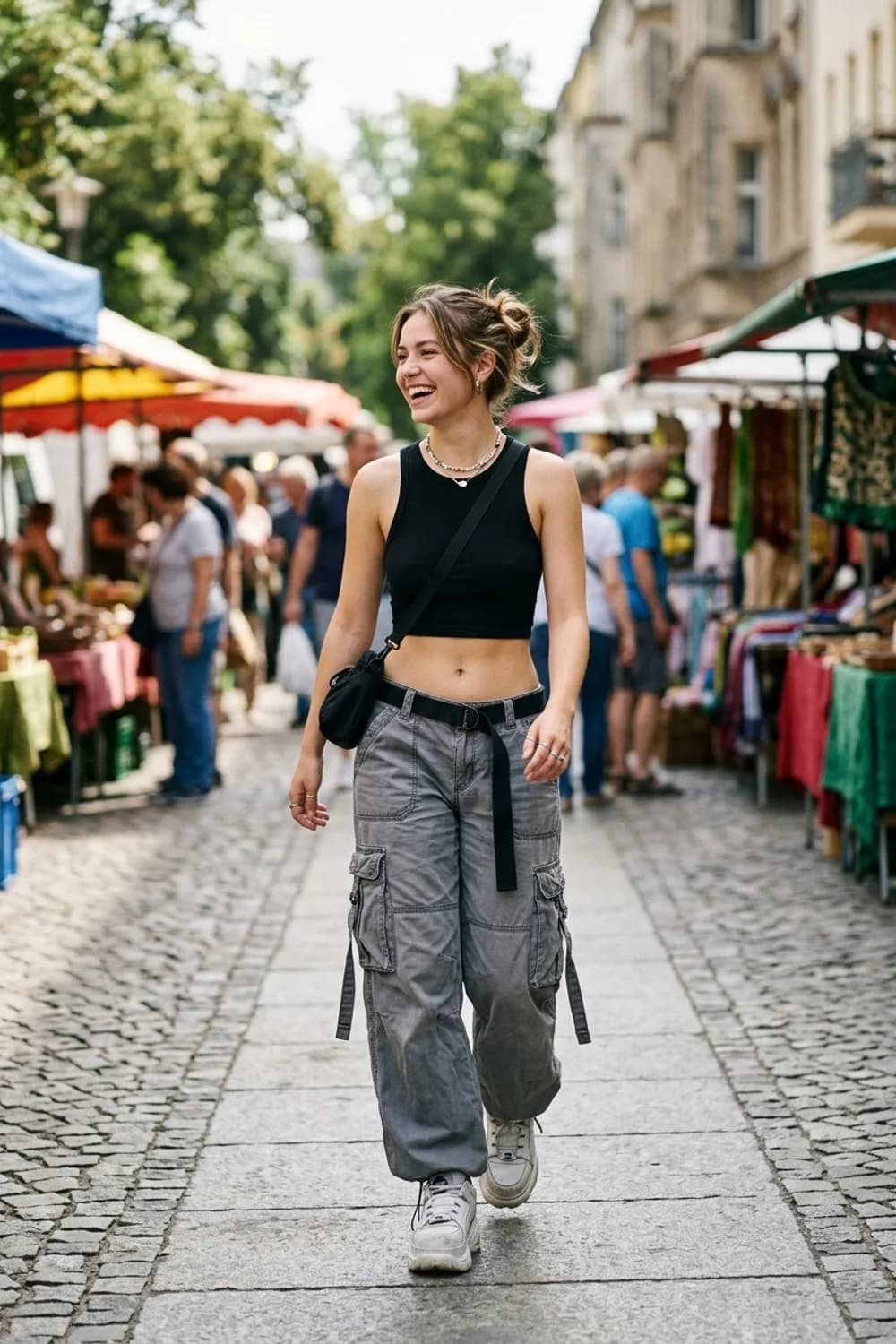 Y2K-Revival: Weite Low-Rise-Cargohose, enges Crop-Top und klobige Plateausneaker – Cargohose: 9 stylische Streetwear-Outfits für Frauen