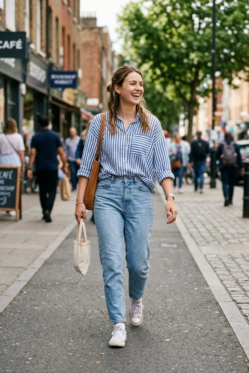 Entspannter Wochenend-Look: Gestreifte Bluse, Mom-Jeans und weiße Chucks – Chucks kombinieren: 7 tolle Ideen für jeden Anlass