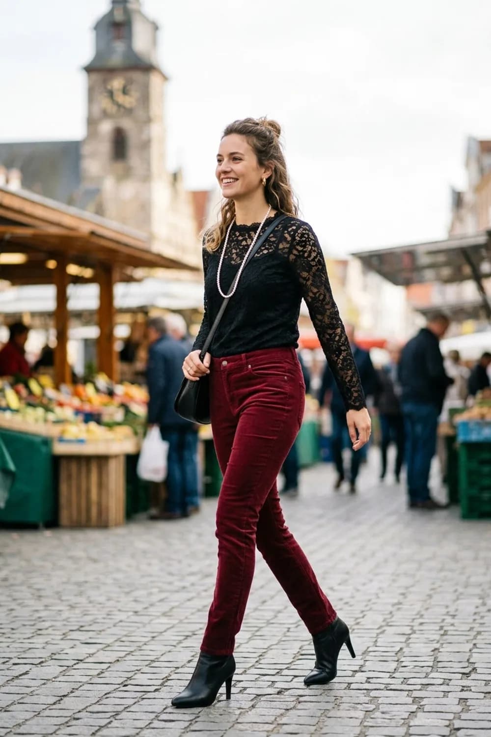 Ausgehfein am Abend: Weinrote Cordhose, schwarzes Spitzen-Top und High-Heel-Stiefeletten – Cordhose: 9 Herbst-Outfits, bei denen Retro auf Modern trifft