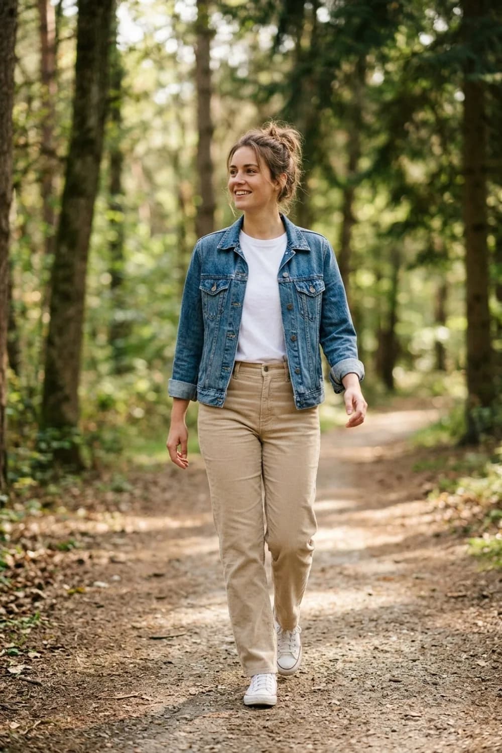 Der Alltagsheld: Beige Straight-Leg-Cordhose, weißes T-Shirt und Jeansjacke – Cordhose: 9 Herbst-Outfits, bei denen Retro auf Modern trifft