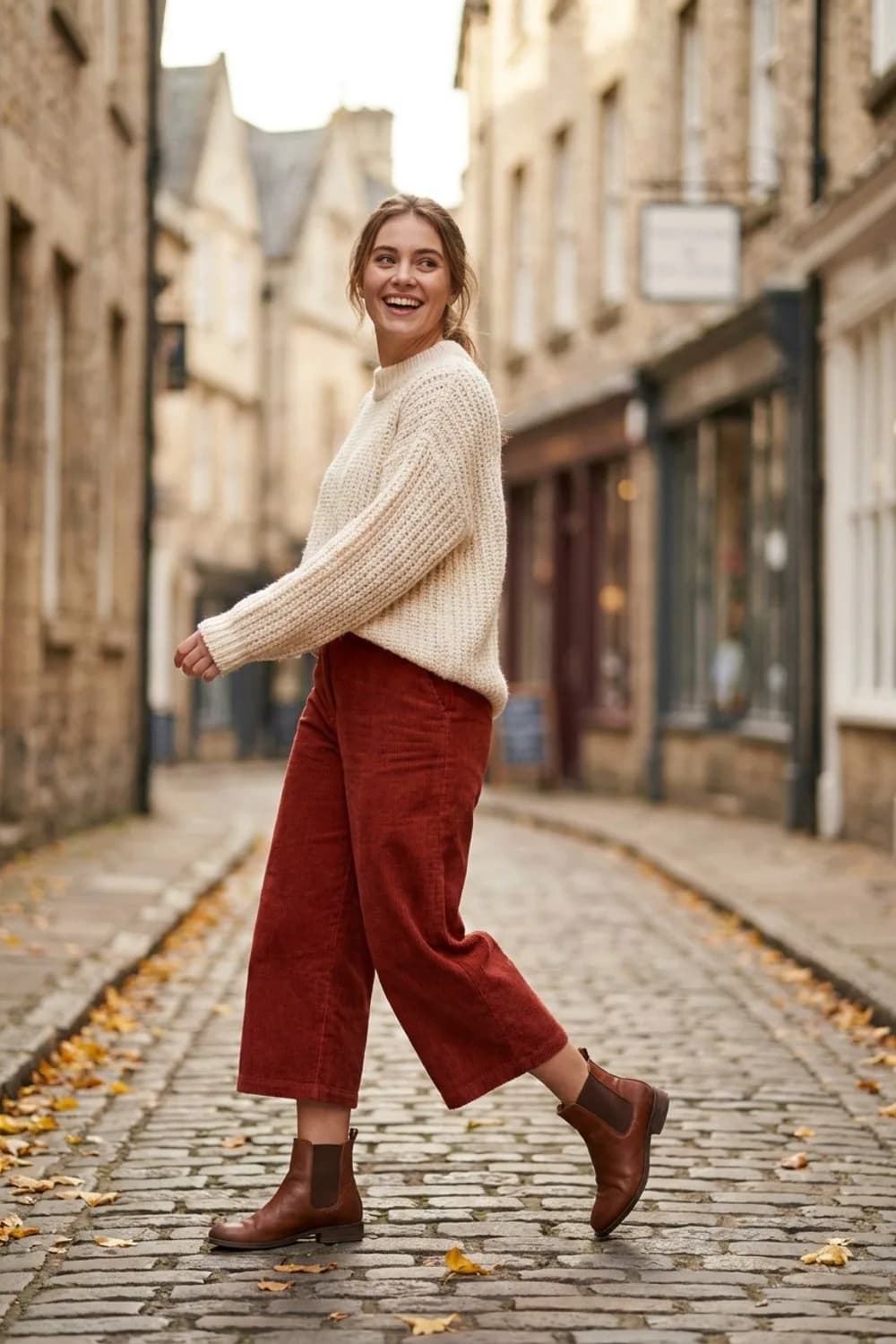 Gemütlicher Wochenend-Look: Rostrote Cordhose, grober Strickpullover und Ankle Boots – Cordhose: 9 Herbst-Outfits, bei denen Retro auf Modern trifft