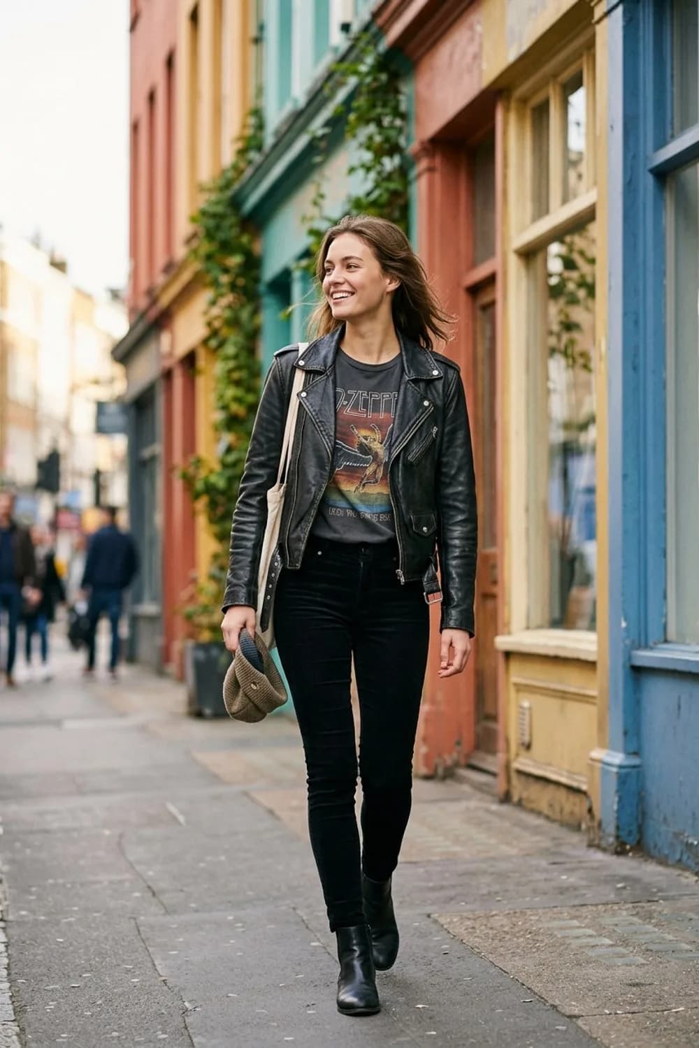 Moderner Stilbruch: Schwarze Skinny-Cordhose, Band-Shirt und Lederjacke – Cordhose: 9 Herbst-Outfits, bei denen Retro auf Modern trifft