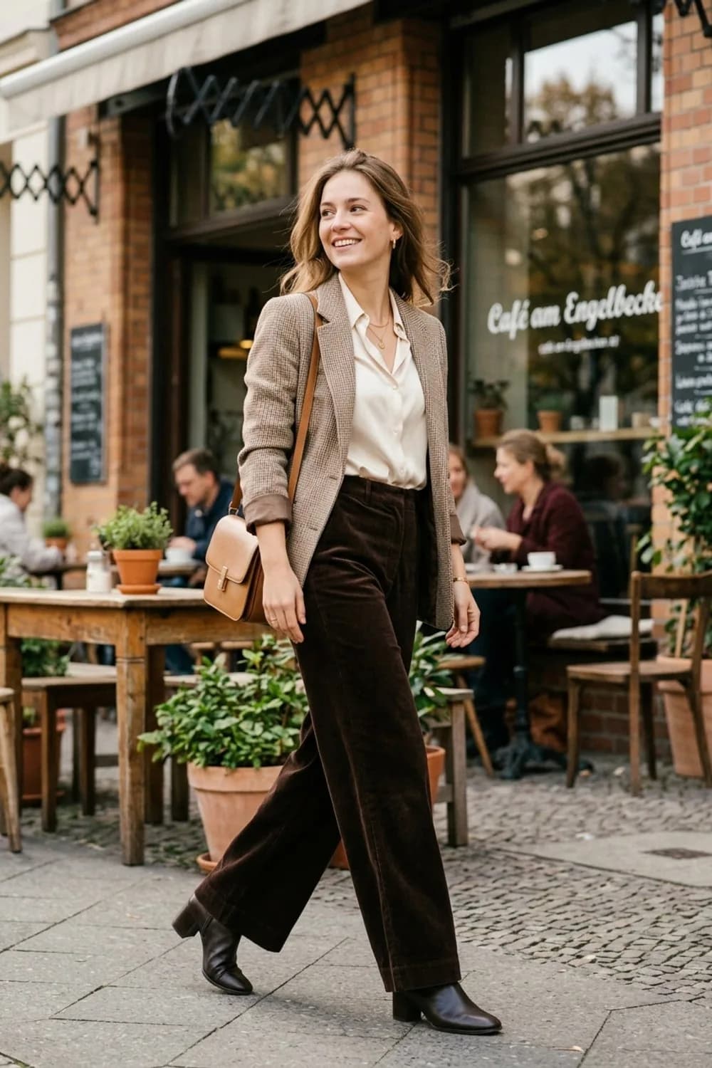 Office-Chic: Dunkelbraune Wide-Leg-Cordhose, cremefarbene Seidenbluse und Wollblazer – Cordhose: 9 Herbst-Outfits, bei denen Retro auf Modern trifft