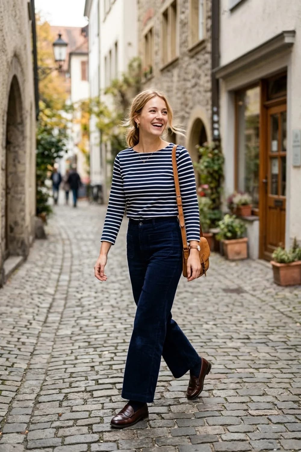 Preppy College-Style: Marineblaue Cordhose, gestreiftes Langarmshirt und Loafer – Cordhose: 9 Herbst-Outfits, bei denen Retro auf Modern trifft