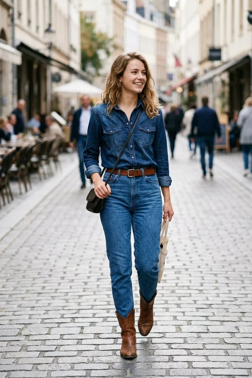 All-Denim-Statement: Dunkelblaues Jeanshemd, Mom-Jeans und klassische braune Lederstiefel – Cowboy Stiefel: 9 Western-Outfits für moderne Frauen