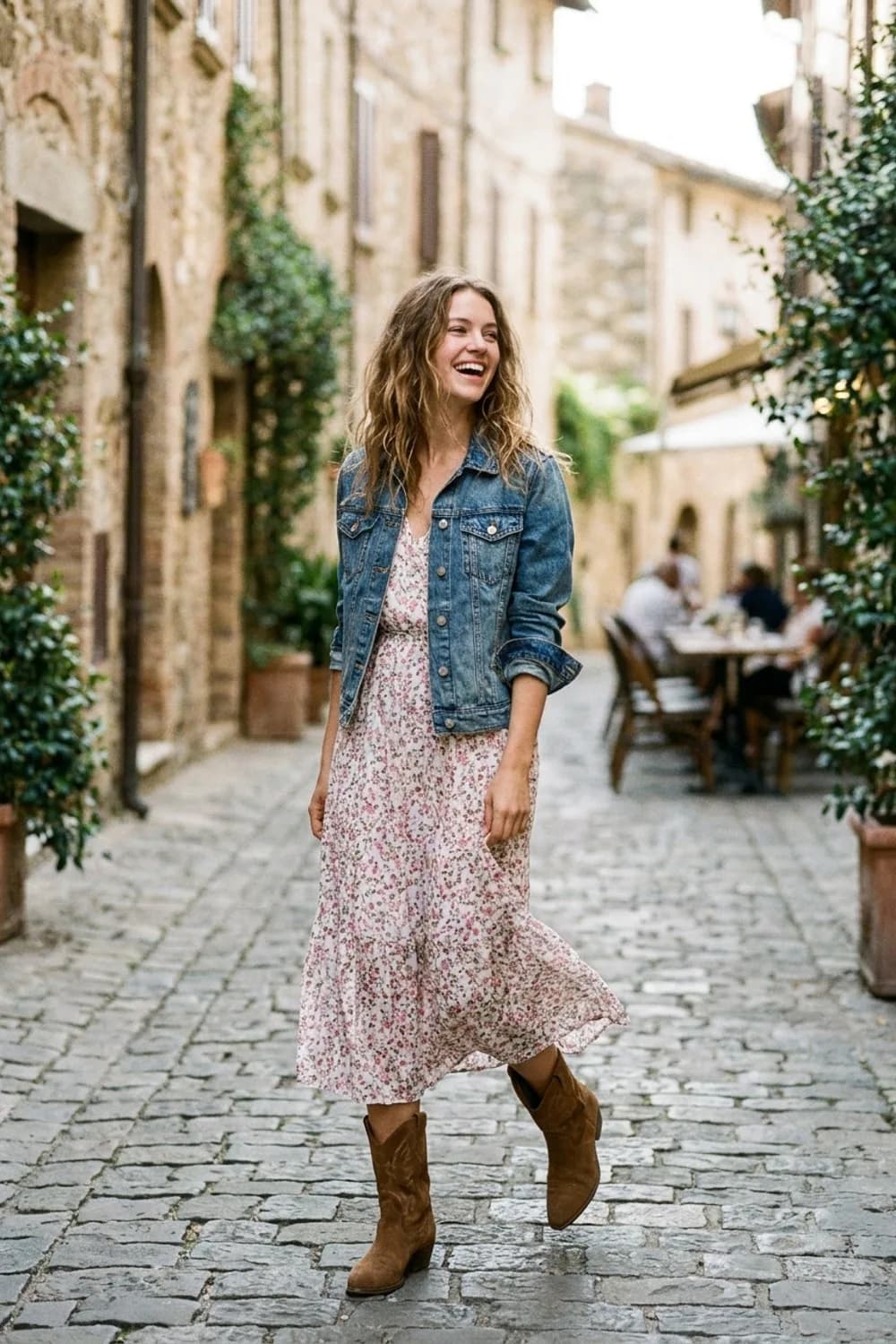 Romantischer Boho-Look: Geblümtes Midikleid, braune Wildleder-Cowboystiefel und Jeansjacke – Cowboy Stiefel: 9 Western-Outfits für moderne Frauen