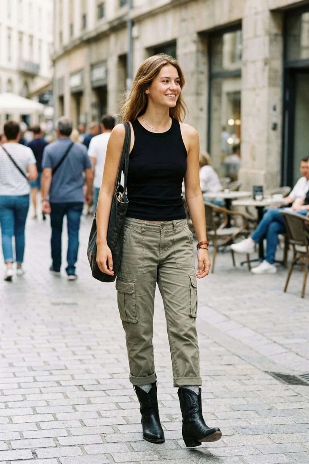 Urban & Modern: Khakifarbene Cargohose, schwarzes Tanktop und klobige schwarze Cowboystiefel – Cowboy Stiefel: 9 Western-Outfits für moderne Frauen