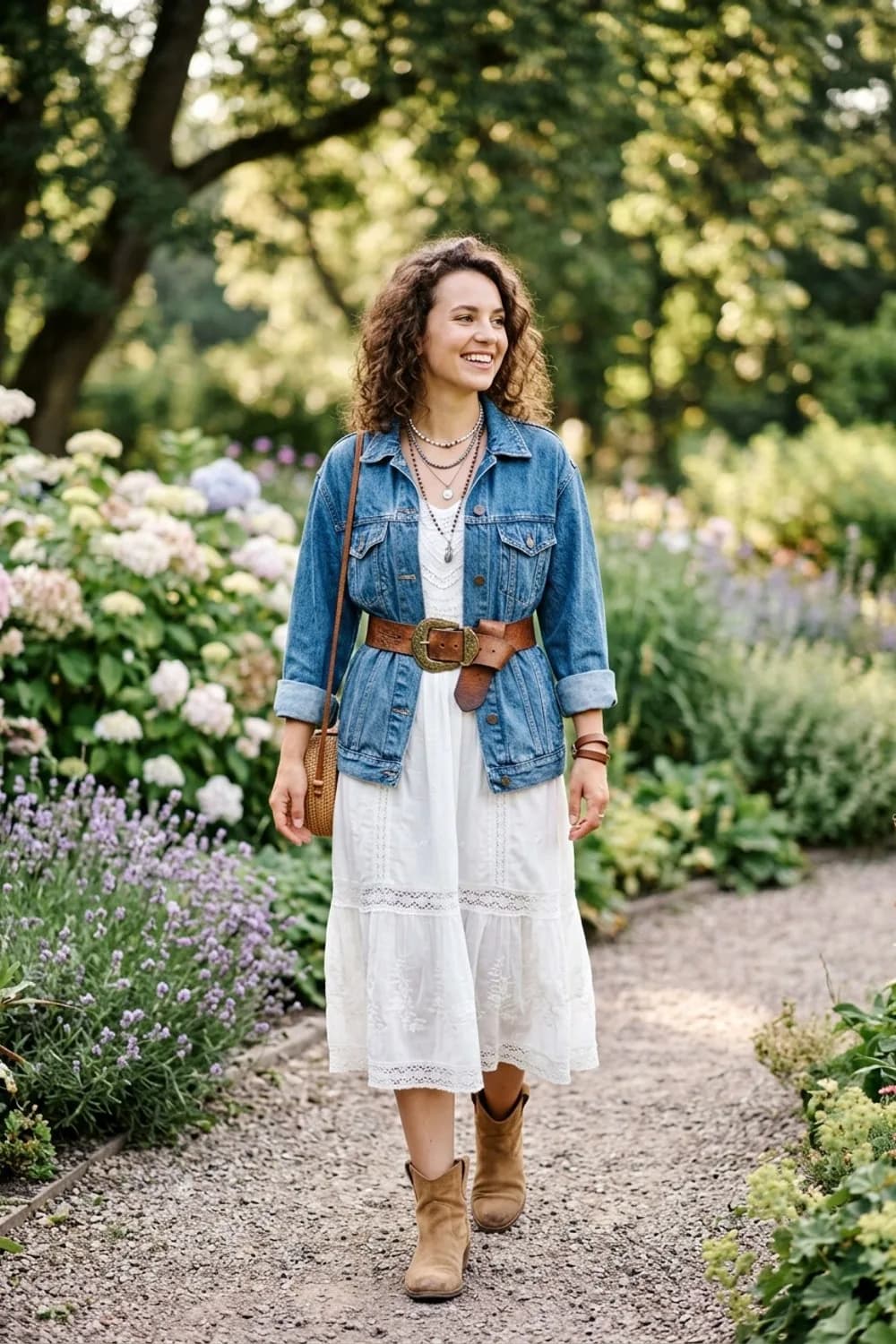 Boho-inspirierter Look: Weißes Spitzenkleid, Wildleder-Boots und Statement-Gürtel – Das Jeansjacke-Outfit: Moderne Ideen für jeden Tag