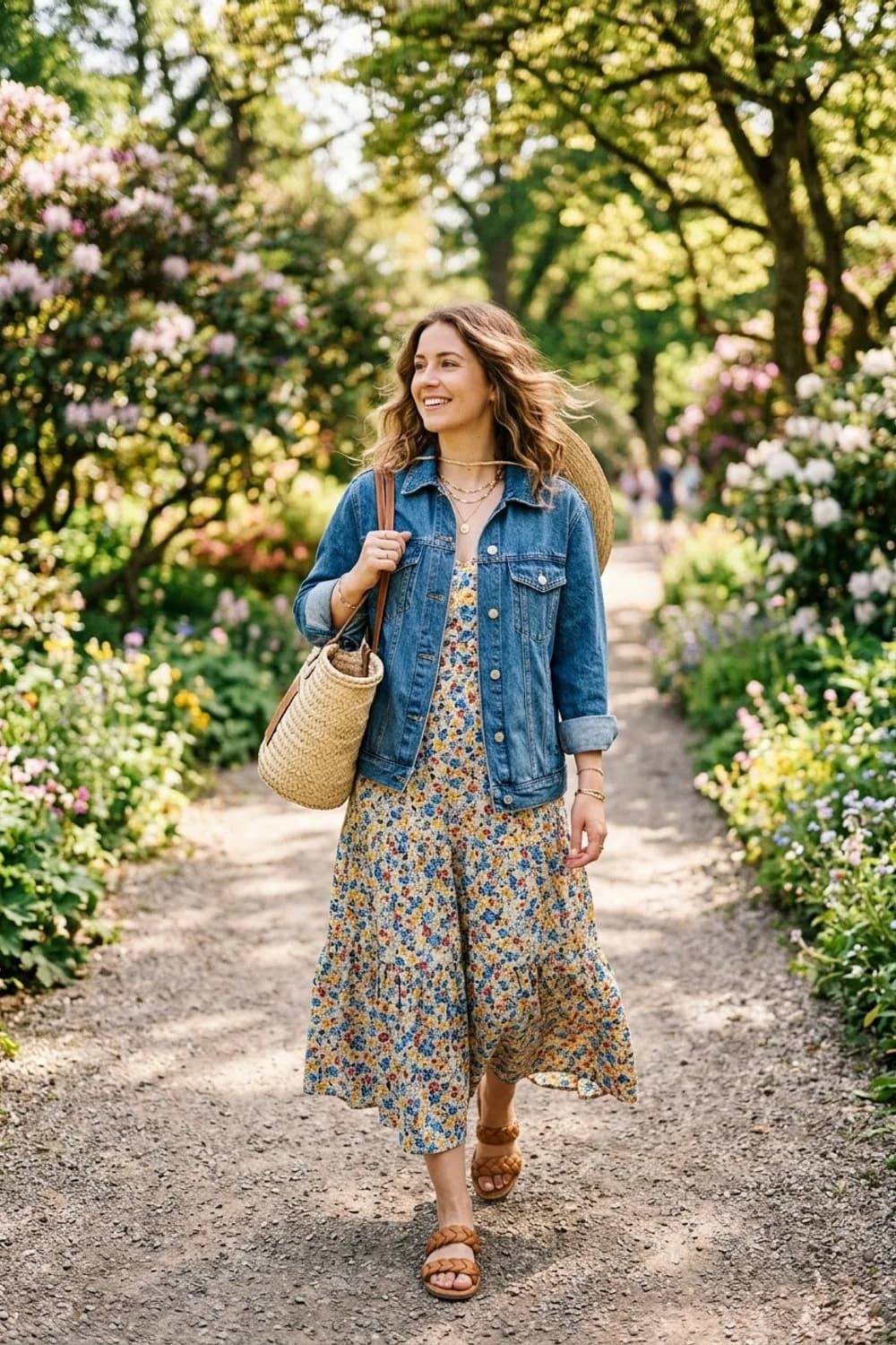 Femininer Sommerlook: Geblümtes Maxikleid, geflochtene Sandalen und Korbtasche – Das Jeansjacke-Outfit: Moderne Ideen für jeden Tag