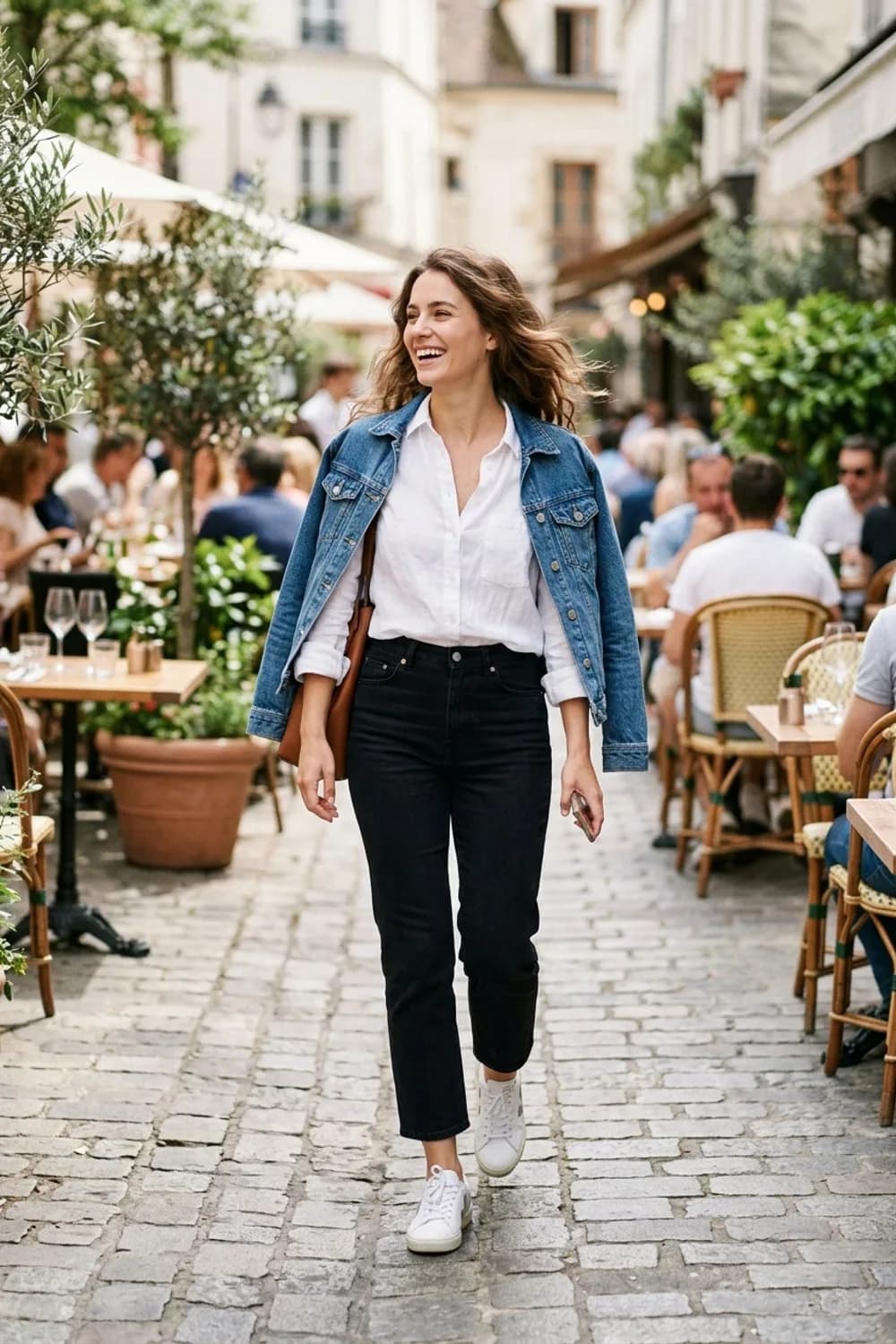 Klassisch-lässiger Look: Weiße Bluse, schwarze High-Waist-Jeans und weiße Sneaker – Das Jeansjacke-Outfit: Moderne Ideen für jeden Tag