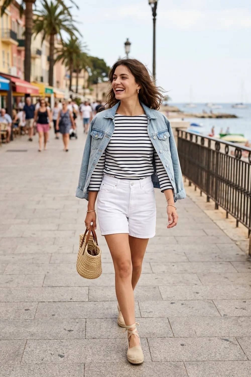 Lässiger Wochenendlook: Gestreiftes Marineshirt, weiße Shorts und Espadrilles – Das Jeansjacke-Outfit: Moderne Ideen für jeden Tag