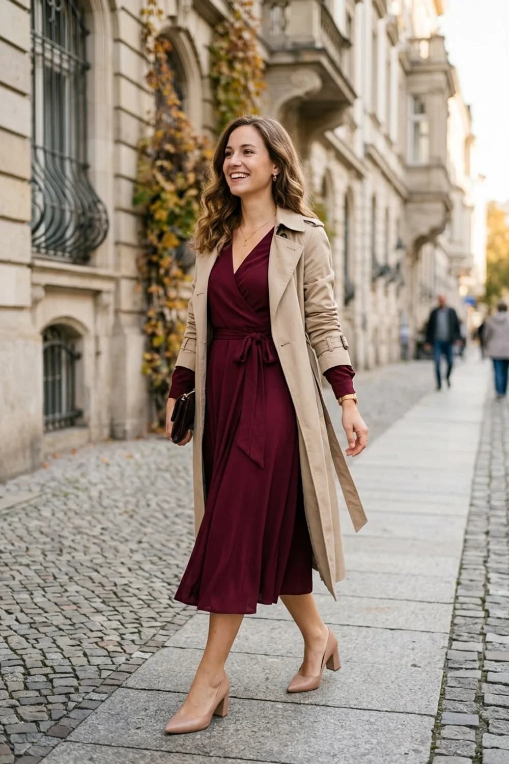 Der Business-Star: Weinrotes Wickelkleid, nudefarbene Pumps und ein klassischer Trenchcoat – Festliches Kleid: 9 glamouröse Outfits für besondere Anlässe