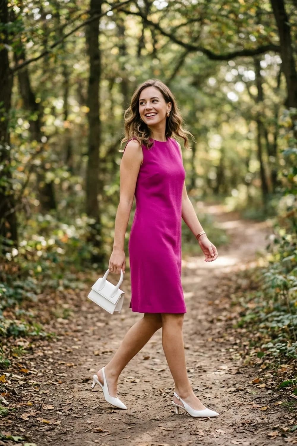 Der Cocktail-Chic: Knielanges Etuikleid in Fuchsia, weiße Slingbacks und eine Mini-Henkeltasche – Festliches Kleid: 9 glamouröse Outfits für besondere Anlässe