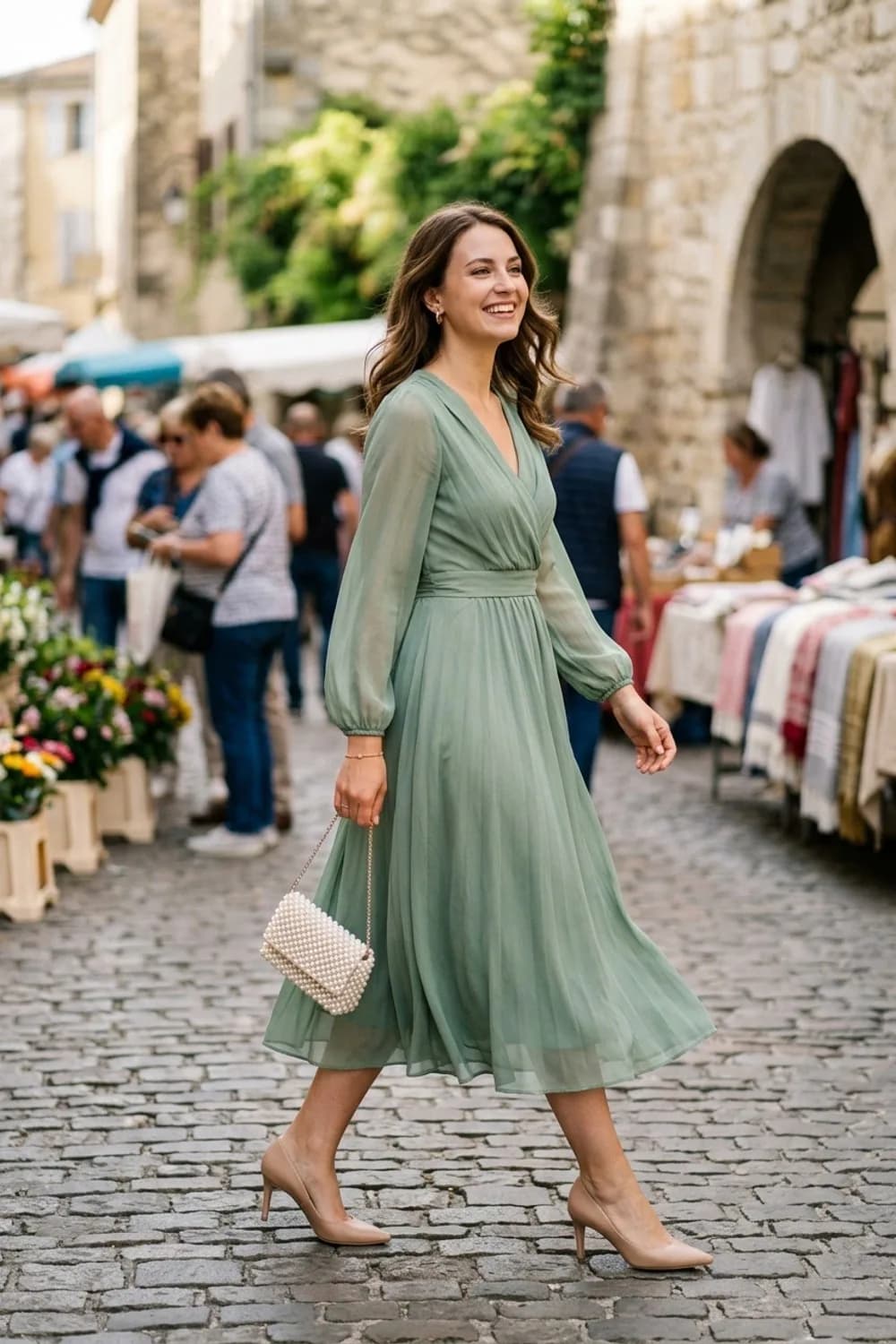 Der Hochzeitsgast-Traum: Midikleid in Salbeigrün, nudefarbene Pumps und eine Perlen-Clutch – Festliches Kleid: 9 glamouröse Outfits für besondere Anlässe