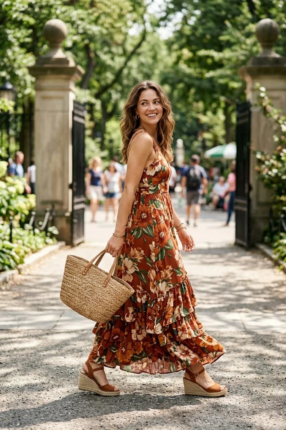 Die Boho-Prinzessin: Geblümtes Maxikleid, cognacfarbene Keilsandaletten und eine Korbtasche – Festliches Kleid: 9 glamouröse Outfits für besondere Anlässe