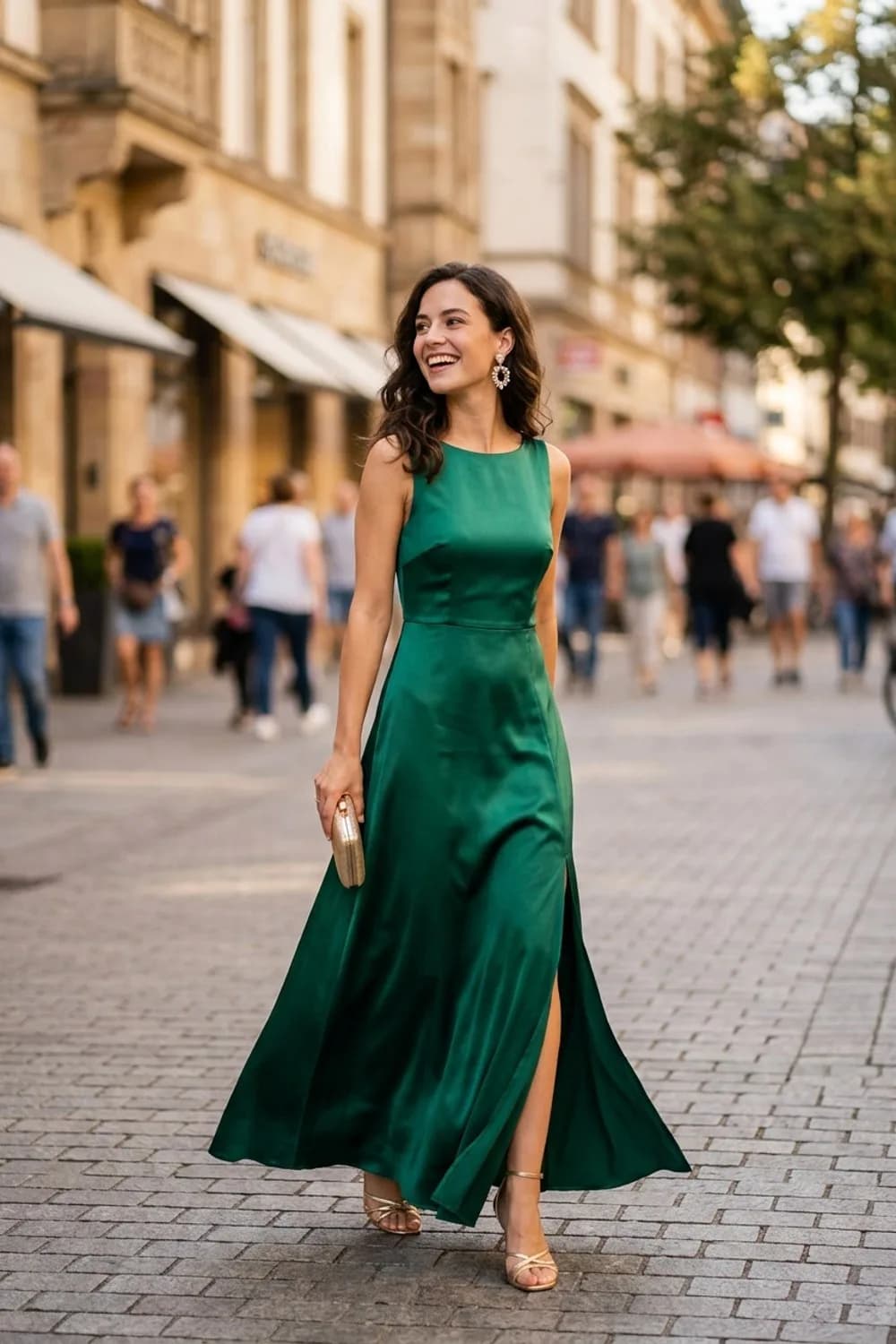 Die Gala-Göttin: Bodenlanges Satinkleid in Smaragdgrün, goldene Riemchensandaletten und Statement-Ohrringe – Festliches Kleid: 9 glamouröse Outfits für besondere Anlässe