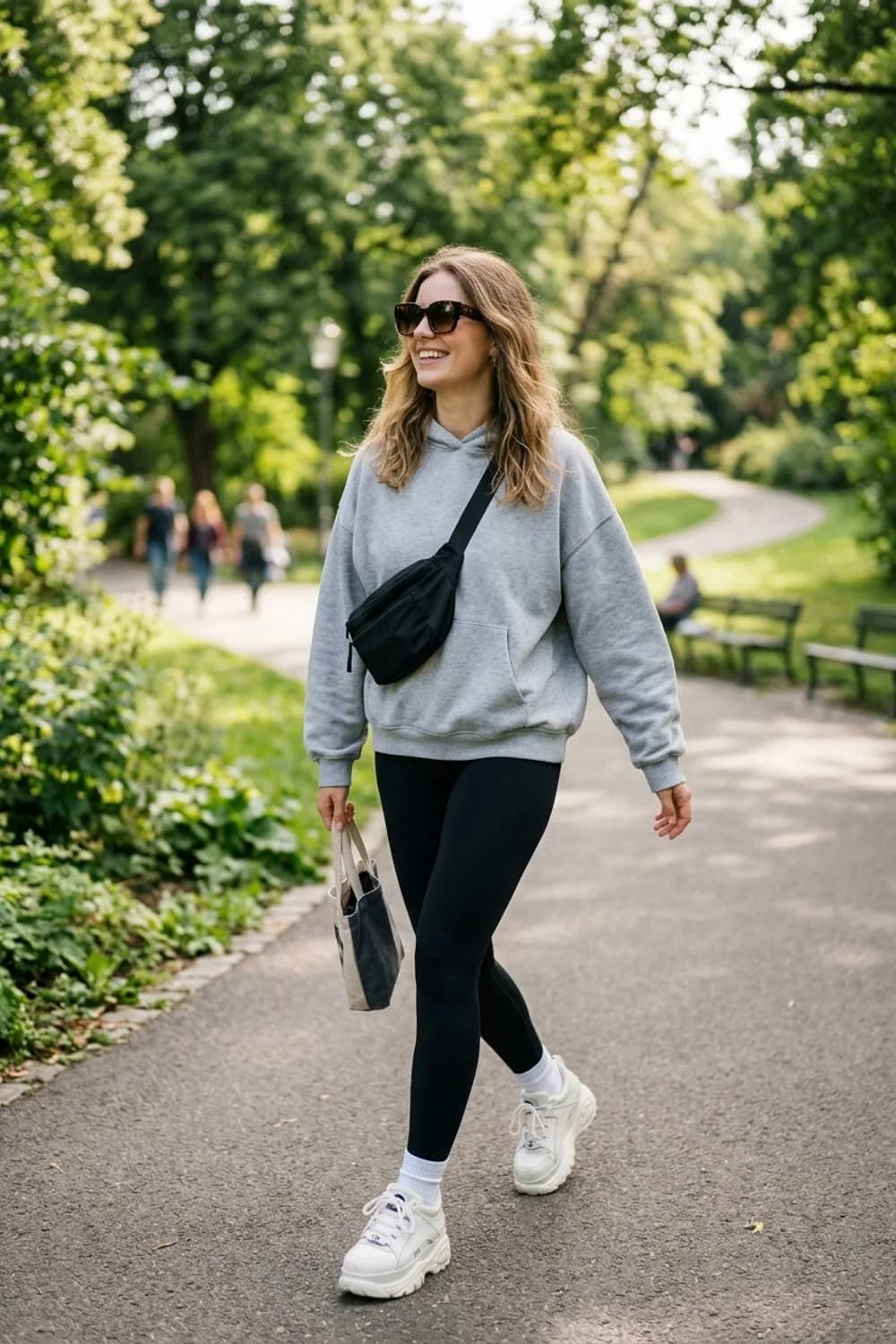 Athleisure-Style: Grauer Hoodie, schwarze Leggings und weiße Plateau-Sneaker – Frühlingsoutfits für Damen: 24 topmoderne Ideen