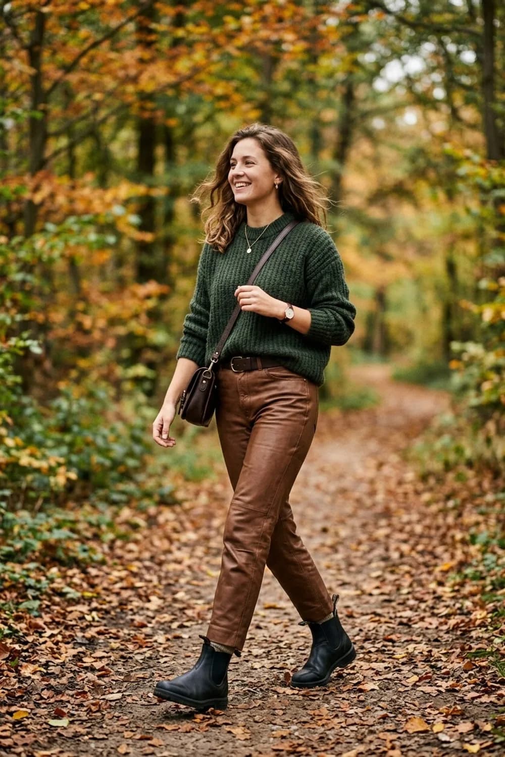 Bodenständig Modern: Dunkelgrüner Strickpulli, braune Lederhose und Chelsea Boots – Frühlingsoutfits für Damen: 24 topmoderne Ideen