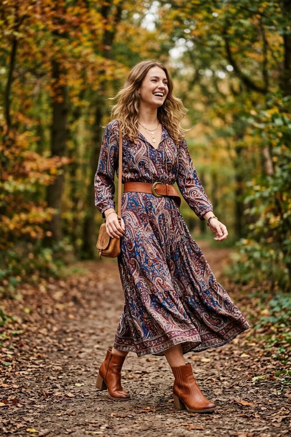 Boho-Vibes: Langes Maxikleid, Ledergürtel und cognacfarbene Stiefeletten – Frühlingsoutfits für Damen: 24 topmoderne Ideen