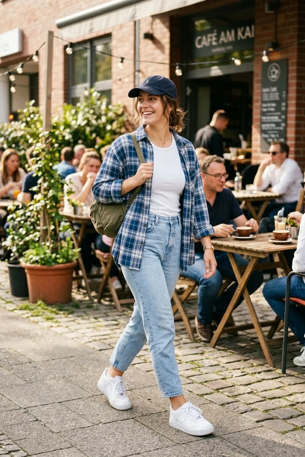 Casual Friday: Kariertes Oversized-Hemd, Mom-Jeans und weiße Sneaker – Frühlingsoutfits für Damen: 24 topmoderne Ideen