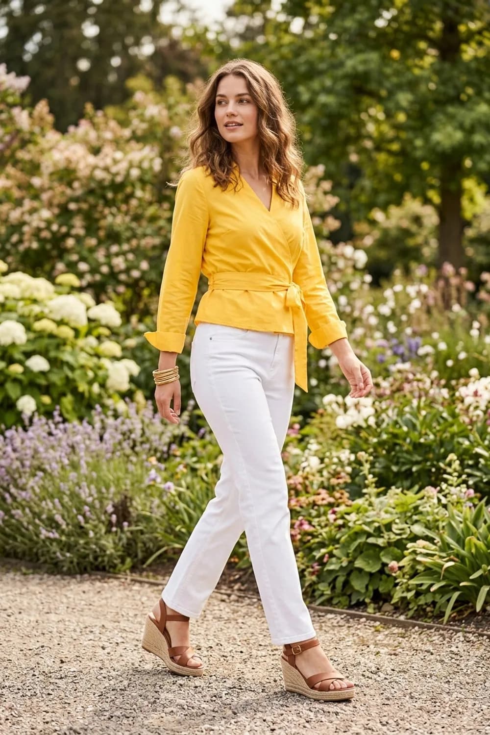 Frühlingshaft Verspielt: Gelbe Wickelbluse, weiße Jeans und braune Keilsandaletten – Frühlingsoutfits für Damen: 24 topmoderne Ideen
