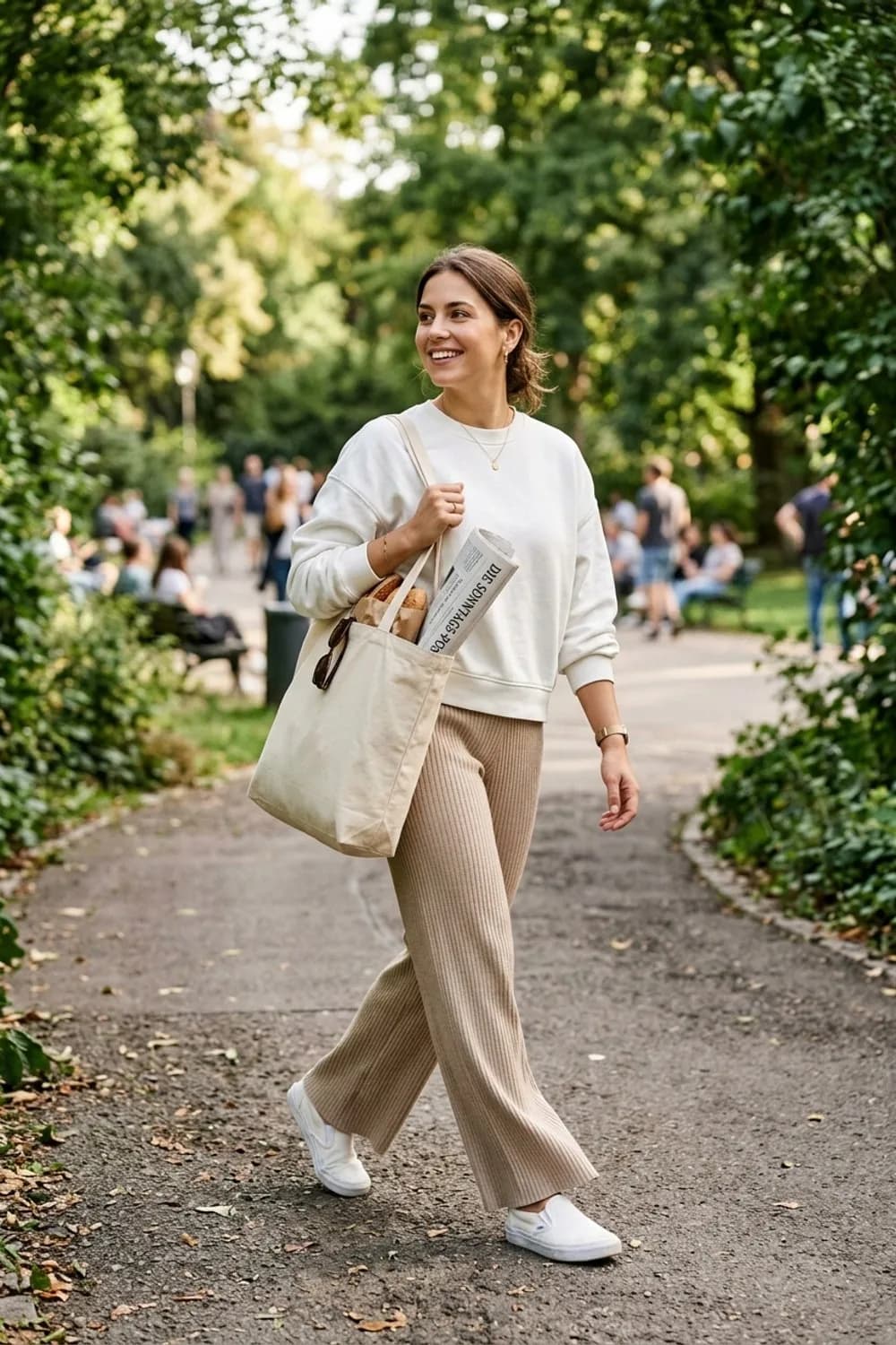 Gemütlicher Sonntags-Look: Beige Strickhose, weißes Sweatshirt und weiße Slip-On-Sneaker – Frühlingsoutfits für Damen: 24 topmoderne Ideen