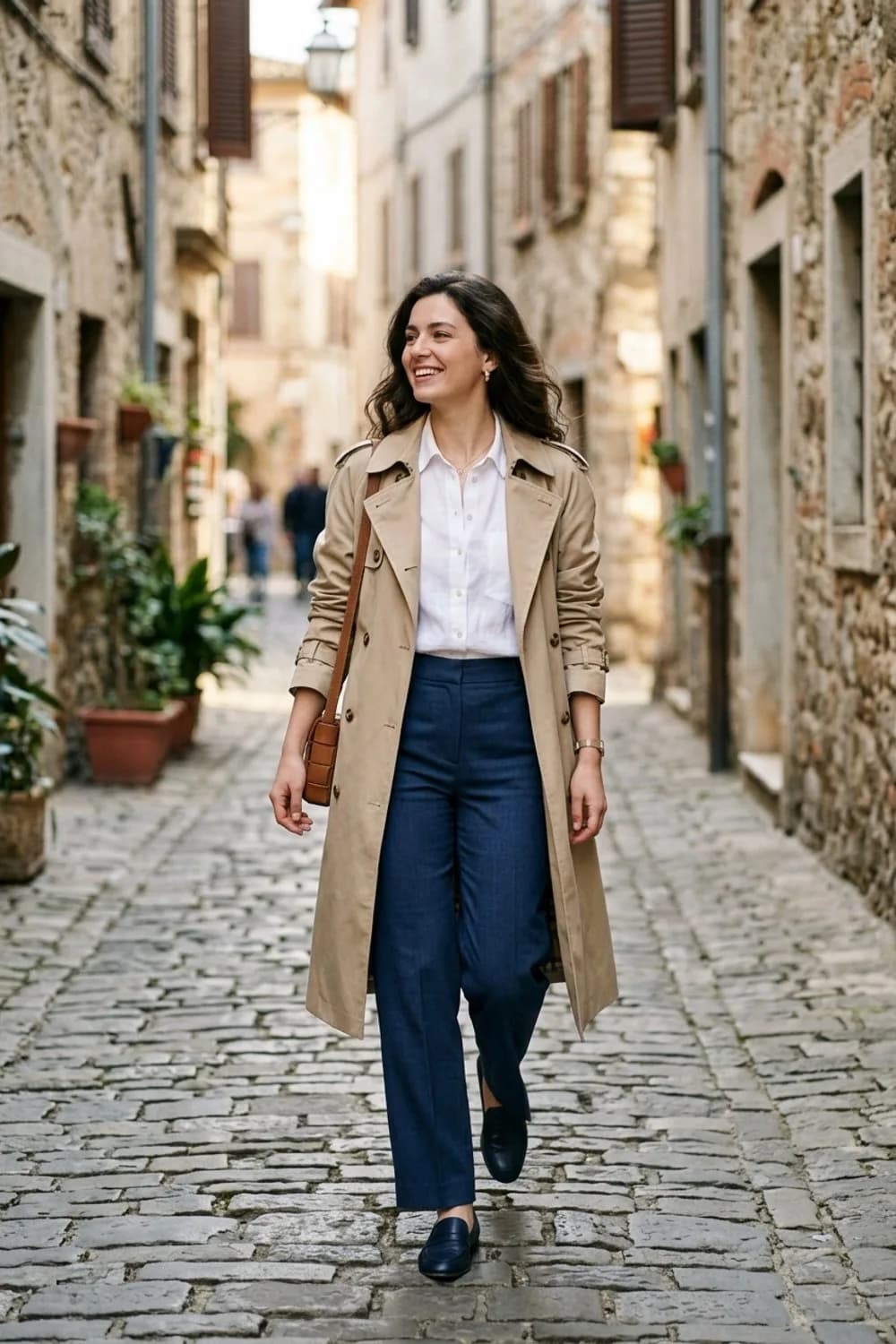 Klassisch-Eleganter Look: Beiger Trenchcoat, weiße Bluse und dunkelblaue Stoffhose – Frühlingsoutfits für Damen: 24 topmoderne Ideen
