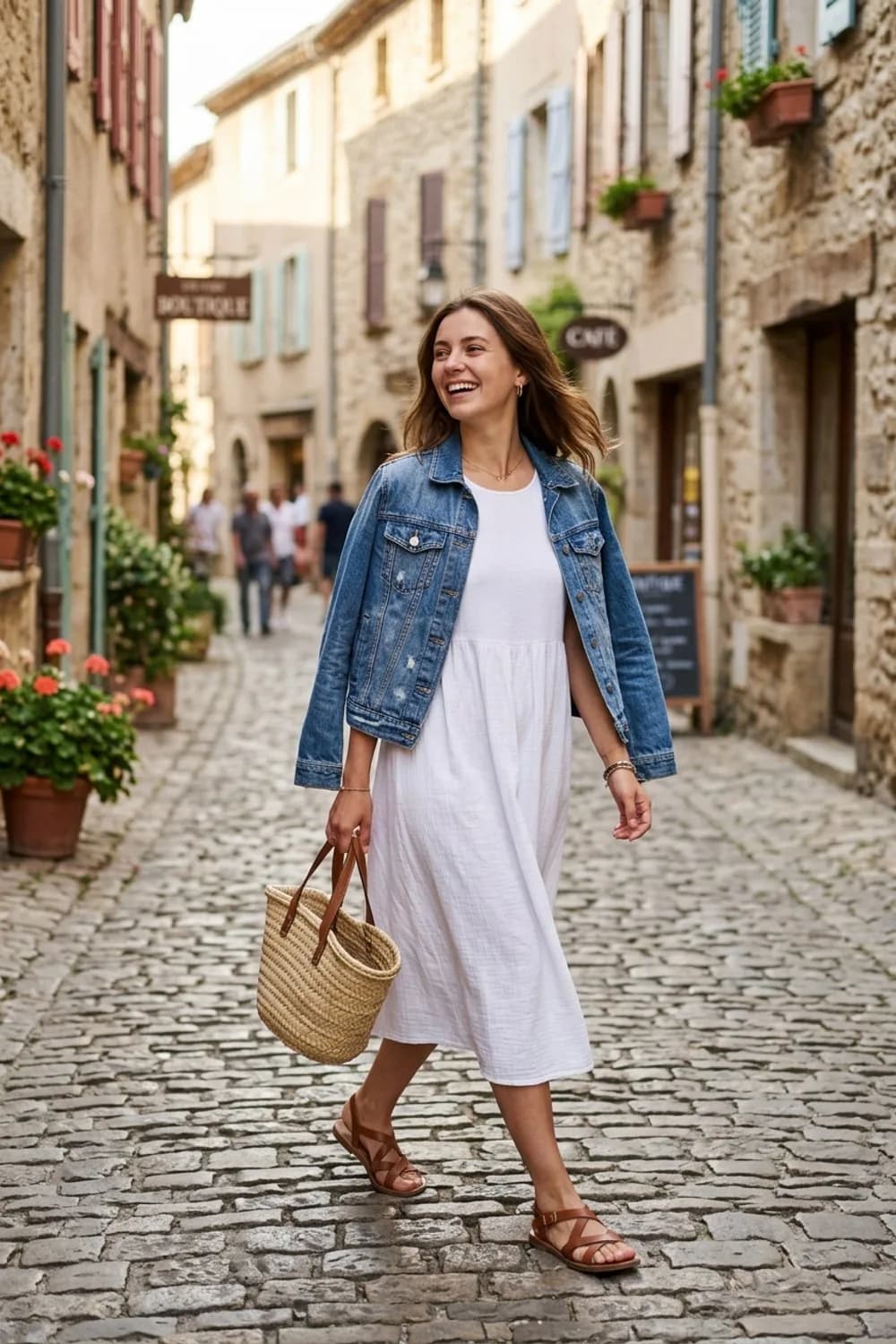 Lässiger Denim-Look: Blaue Jeansjacke, weißes Kleid und braune Sandalen – Frühlingsoutfits für Damen: 24 topmoderne Ideen