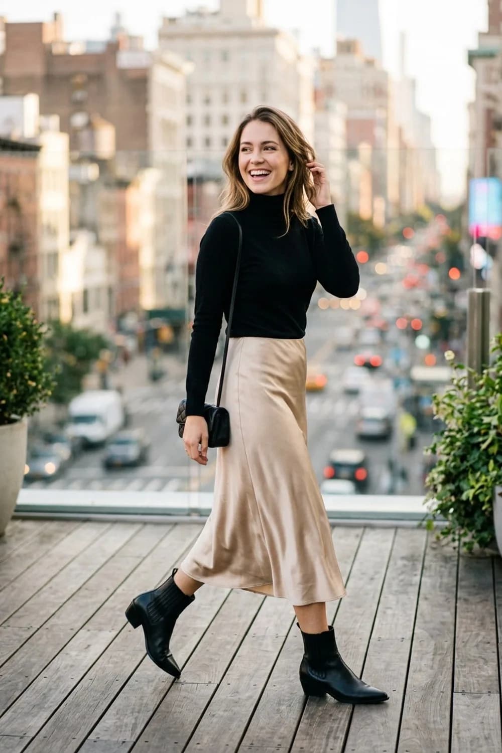Minimalistischer Chic: Schwarzer Rollkragenpullover, Satinrock und schwarze Ankle Boots – Frühlingsoutfits für Damen: 24 topmoderne Ideen