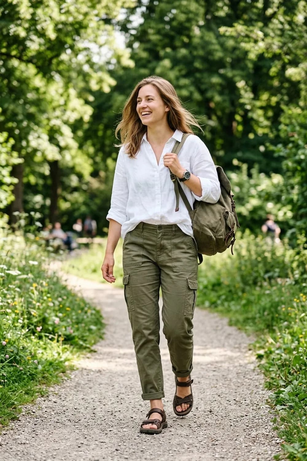 Naturverbunden: Olivgrüne Cargohose, weißes Leinenhemd und Wandersandalen – Frühlingsoutfits für Damen: 24 topmoderne Ideen