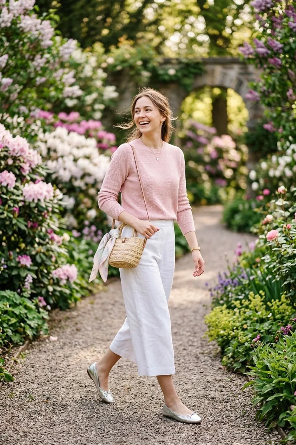 Pastellträume: Rosa Strickpullover, weiße Culotte und silberne Ballerinas – Frühlingsoutfits für Damen: 24 topmoderne Ideen
